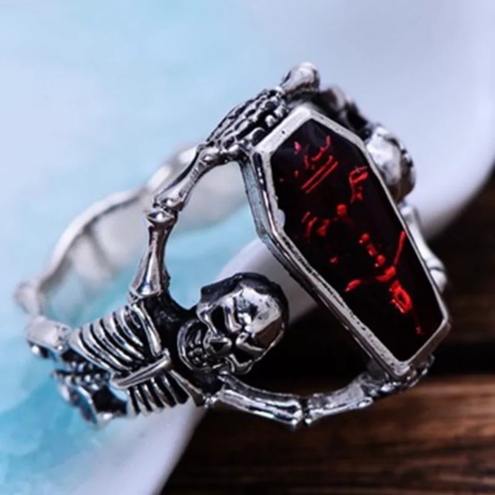 Red Coffin Vintage Silver Men Ring Skeleton Skull - Picture 3 of 5